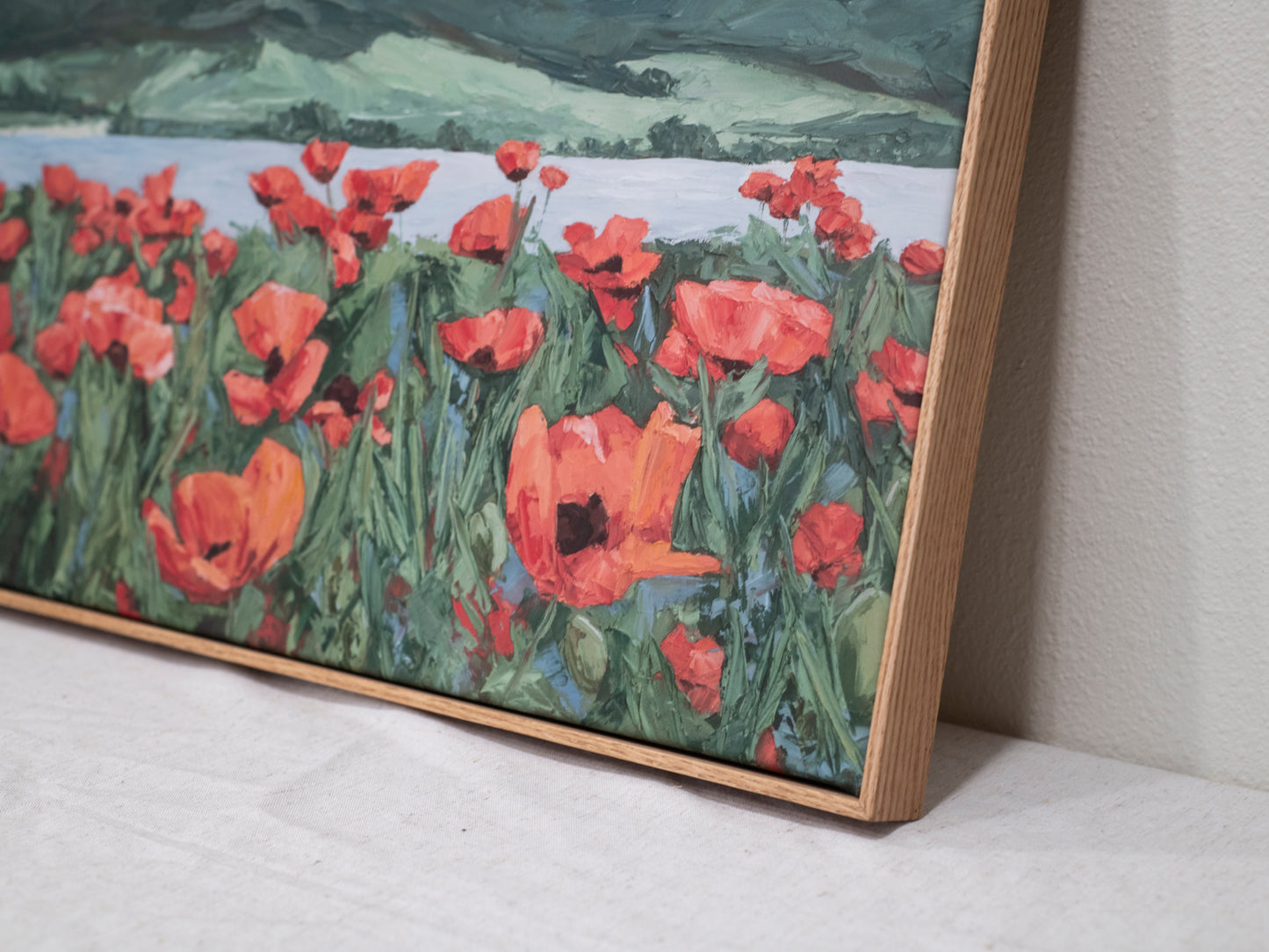 June Poppies By the Lake Framed Canvas Print