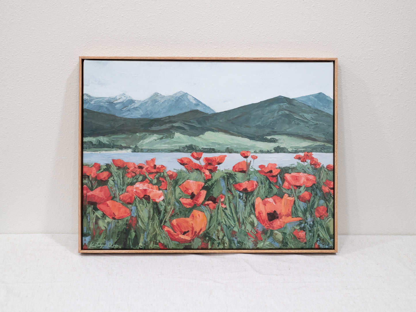 June Poppies By the Lake Framed Canvas Print